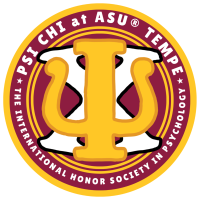 Circular logo with a gold Psi symbol, maroon and yellow border reading "PSI CHI at ASU® TEMPE" and "THE INTERNATIONAL HONOR SOCIETY IN PSYCHOLOGY."