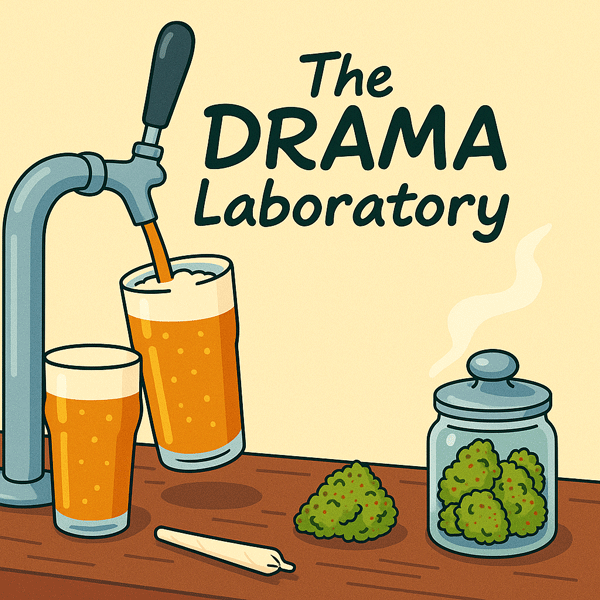 Illustration of a beer tap, glasses of beer, a joint, green buds and a labeled jar with text "The DRAMA Laboratory."
